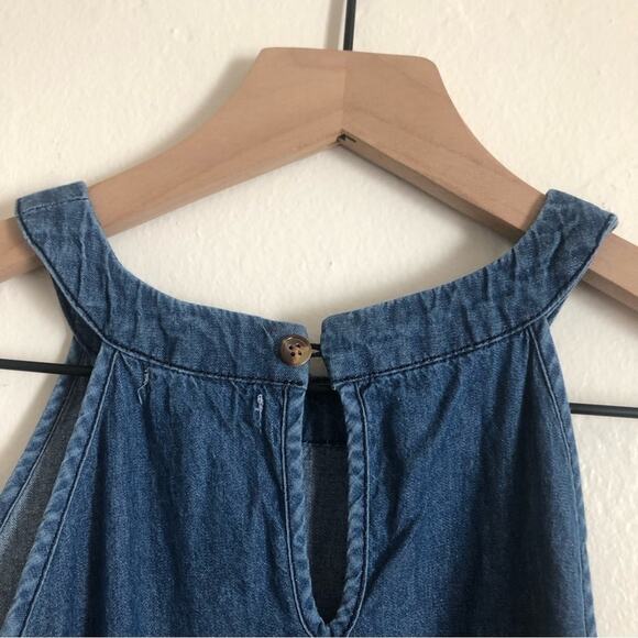 Tea Rose Blue Chambray Soft Denim Cotton Peplum High Neck Sleeveless Tank Top - Picture 6 of 7